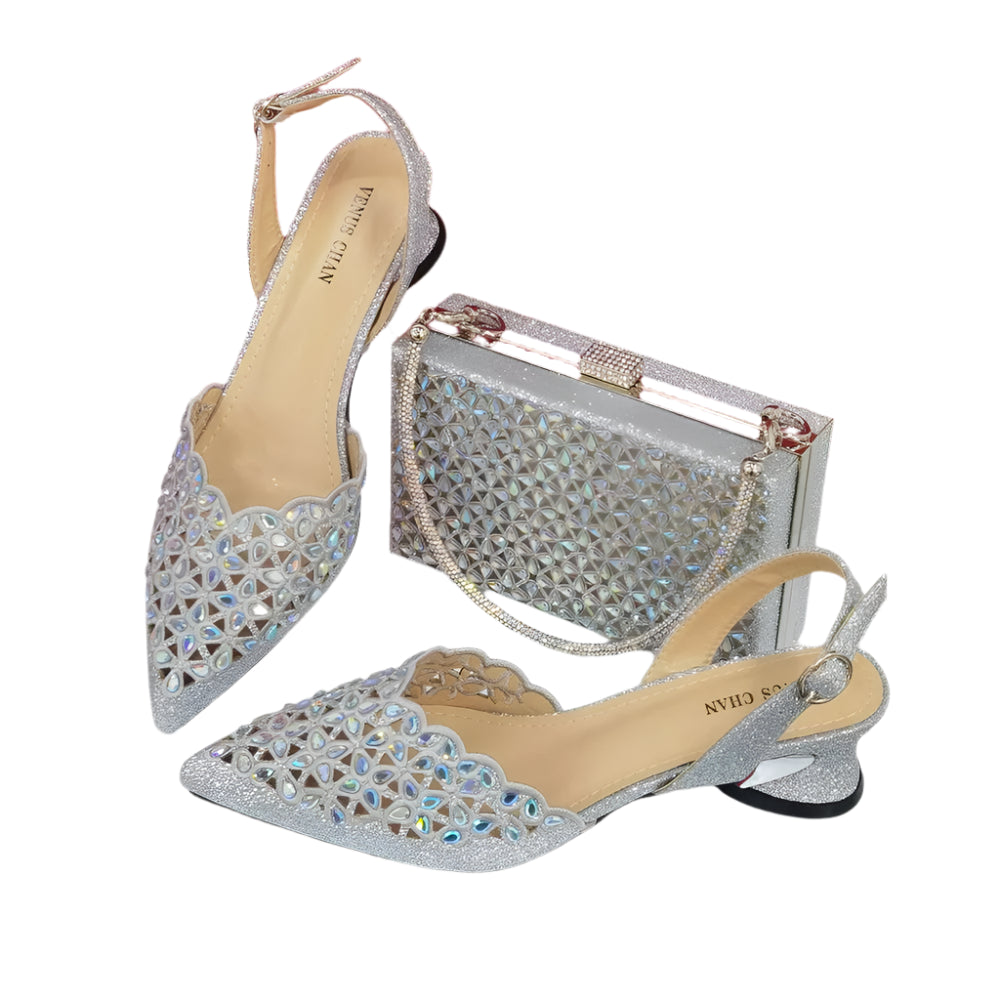 Women's High Heel Pointed Toe Sandals Party Silver Color Shoes and Bags Set