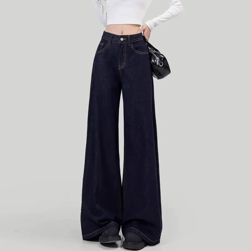 Women's Loose-Fit Jeans High-Waisted Straight-Leg Niche Draped Lazy Walking Wide-Leg Long Pants Deep Blue Autumn Season