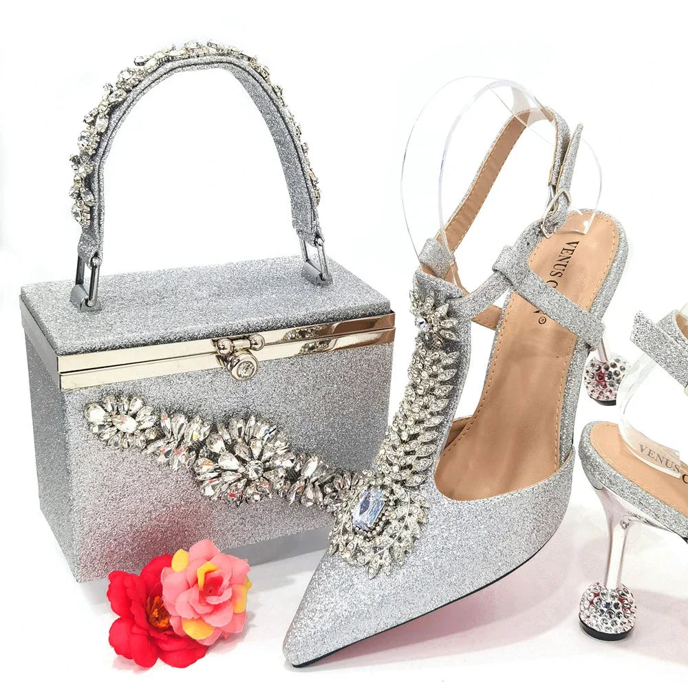 Pointed Toe Wedding Shoes And Bag, Full Diamond Decoration Metal Closure Bag