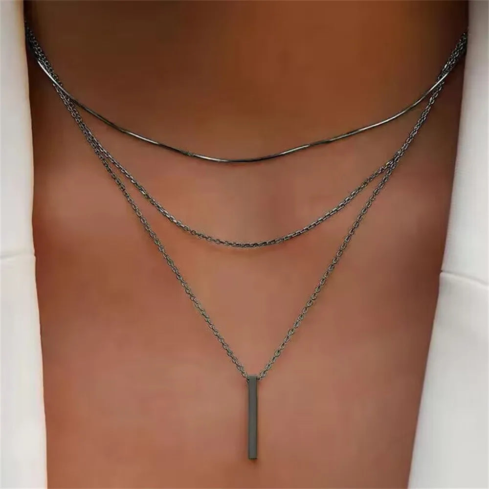 Vintage Layered Metal Bar Pendant Necklace for Women