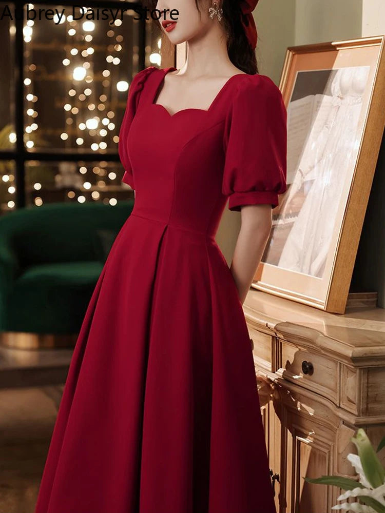 Elegant Red Midi Dress Women Summer Korean Vintage Evening Party Dress French Casual Fashion Formal Occasions One Piece Dress