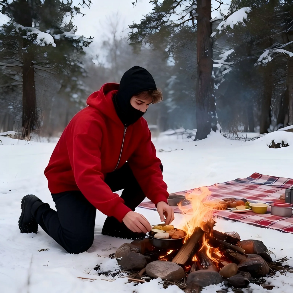 Unisex Double Hooded Fleece Sweatshirt Woman Balaclava Hoodie Half Zip Warm Outfit for Fall Winter Men Clothing Masked Outfit