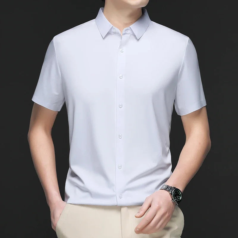 New Men's Business Casual Solid Color Short Sleeved Shirt for Summer Fashion No Ironing Comfortable and Versatile Top
