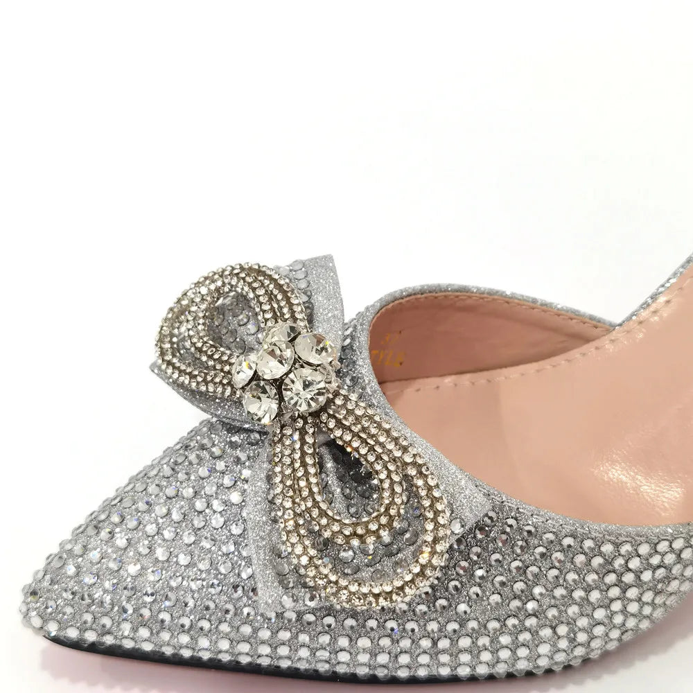 Rhinestone Bow Side Empty Party High Heels Pointed Toe Stiletto Heels