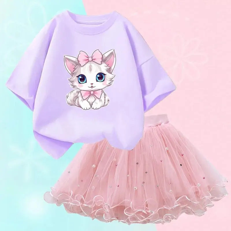 Girls Outfits Cartoon Cat T-shirt