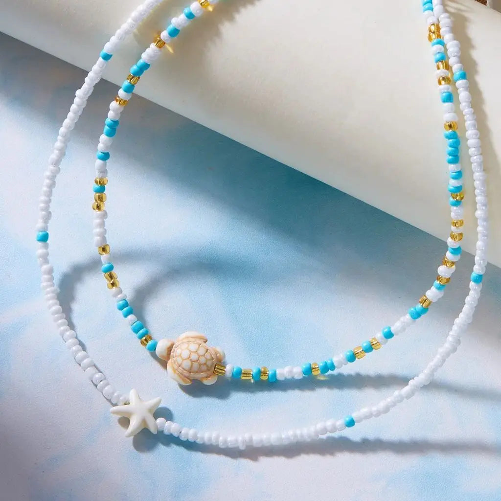 Bohemian Double Rice Bead Chain Clavicle Necklace for Women