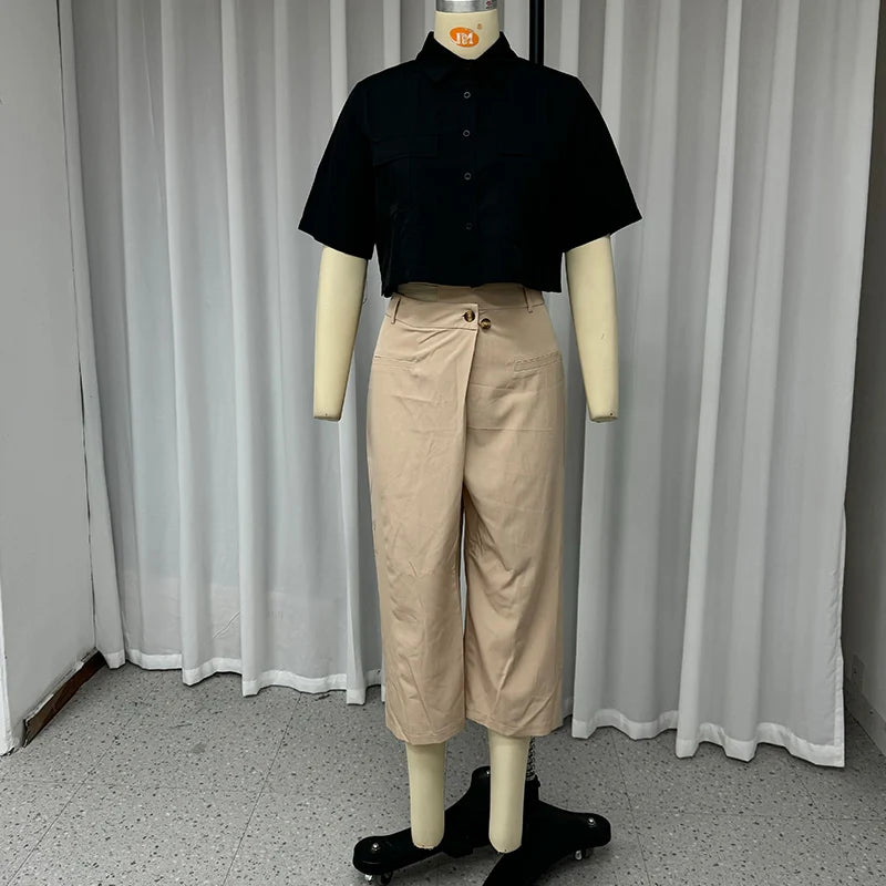 Wefads 2 Piece Set Women Summer Casual Solid Lapel Single Breasted Button Short Sleeve Top Loose Irregular 8-Point Pants Sets