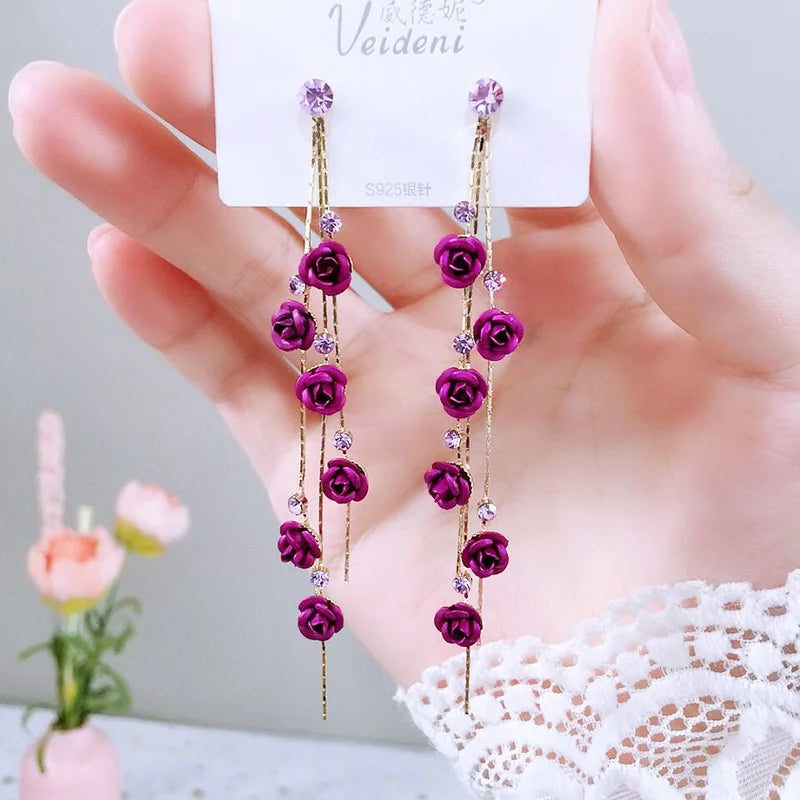 Rose Flower Long Tassel Dangle Earrings For Women