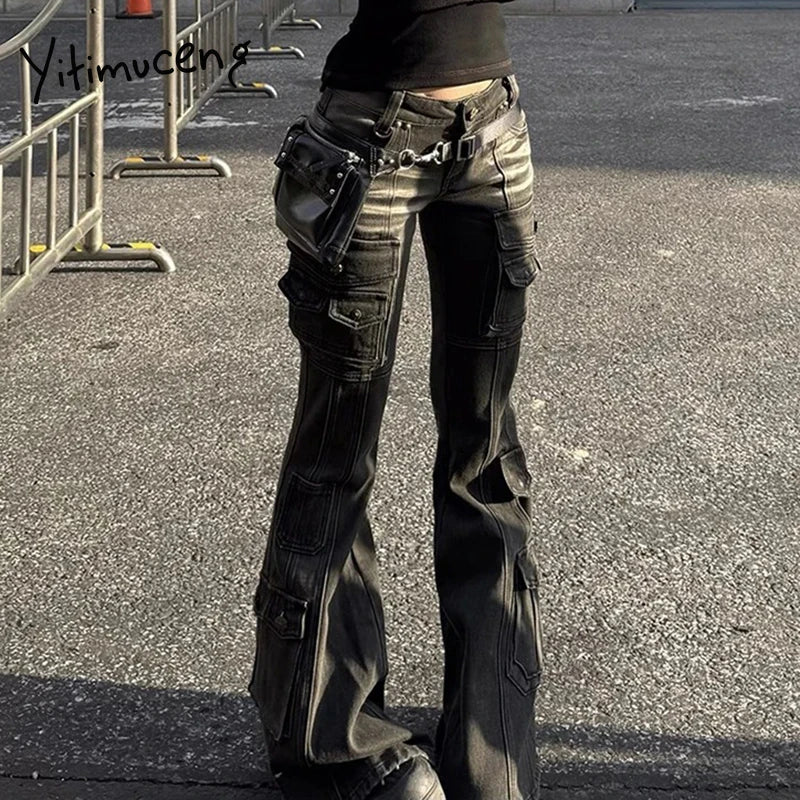 Yitimuceng American Retro Low Waist Denim Cargo Pants Women Washed Distressed Multi-pocket Flare Jeans Y2k Spice Girl Streetwear