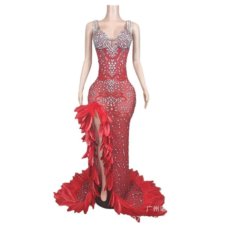 Exquisite Formal Prom Dress Elegant Red Feathers rhinestone Slit luxury Gowns