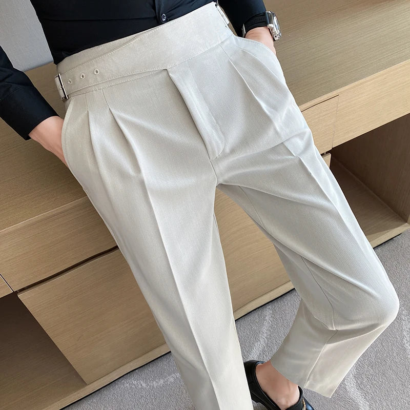 Men High Waist Casual Dress Pant Men Belt Design Slim Trousers