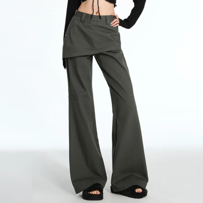 Plus Size Retro Fake Two-Piece Fart Curtain Jeans 2025 Spring Autumn Micro-Pull Cargo Slimming Straight Stacked Wide-Leg Pants