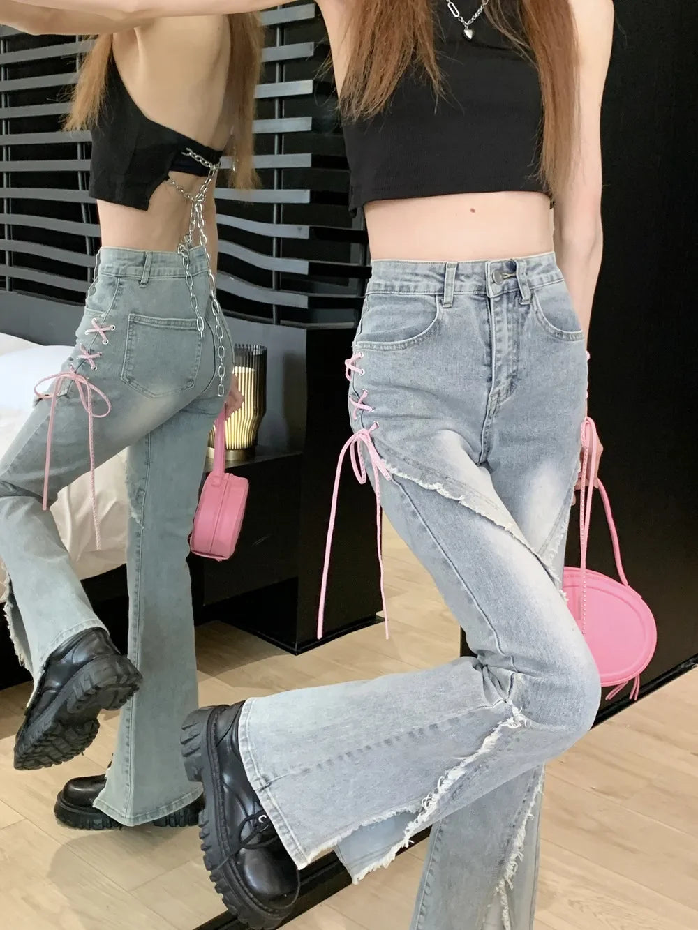 American Style Vintage High-waisted Slimming Jeans For Women Niche Pink Bow Design Sensibility Side Slit Micro Flare Leggings