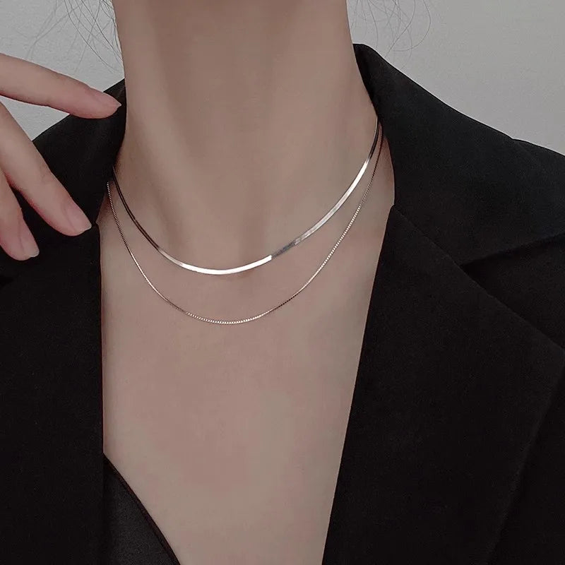 Silver Double Layer Box Chain Snake Clavicle Chain Necklace