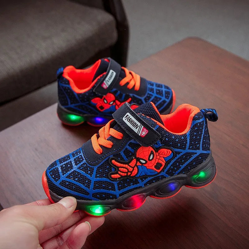 2024 Summer Spiderman Kids Sneakers Disney Children's Led Light Shoes  Boys Breathable Sport Casual Shoes Anti-slip Girls Shoes