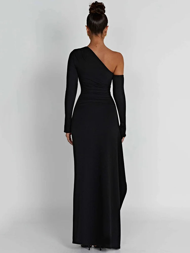 Oblique Shoulder Thigh High Split  Long Sleeve Backless Long Dress