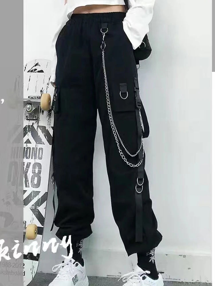 ZOKI Gothic Women Cargo Pants Black Joggers High Waisted Harajuku Harem Pants