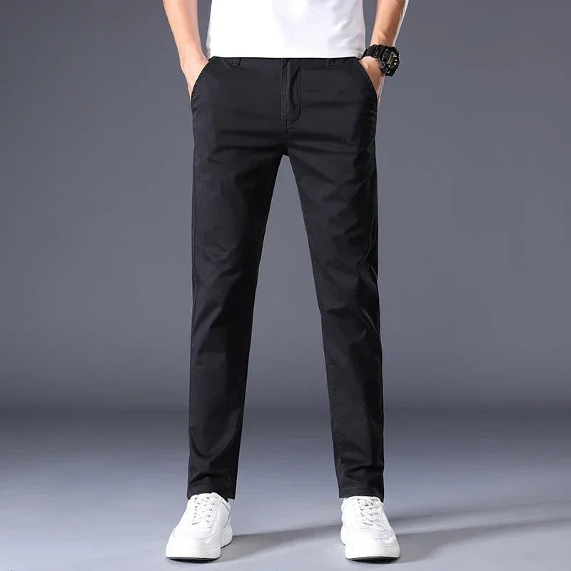 Summer Thin Men's Casual Pants Cotton 7 Colors Classic Style Elastic Straight Slim Fit Business Fashion Long Trousers Male