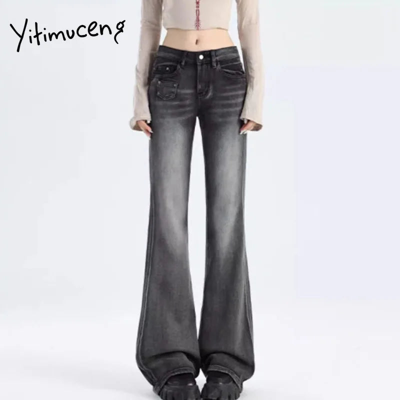 Yitimuceng Vintage Y2K Flared Jeans Women Korean Button-Up Low Rise Casual Denim Pants Female Elastic Slim Fit Jean Trousers