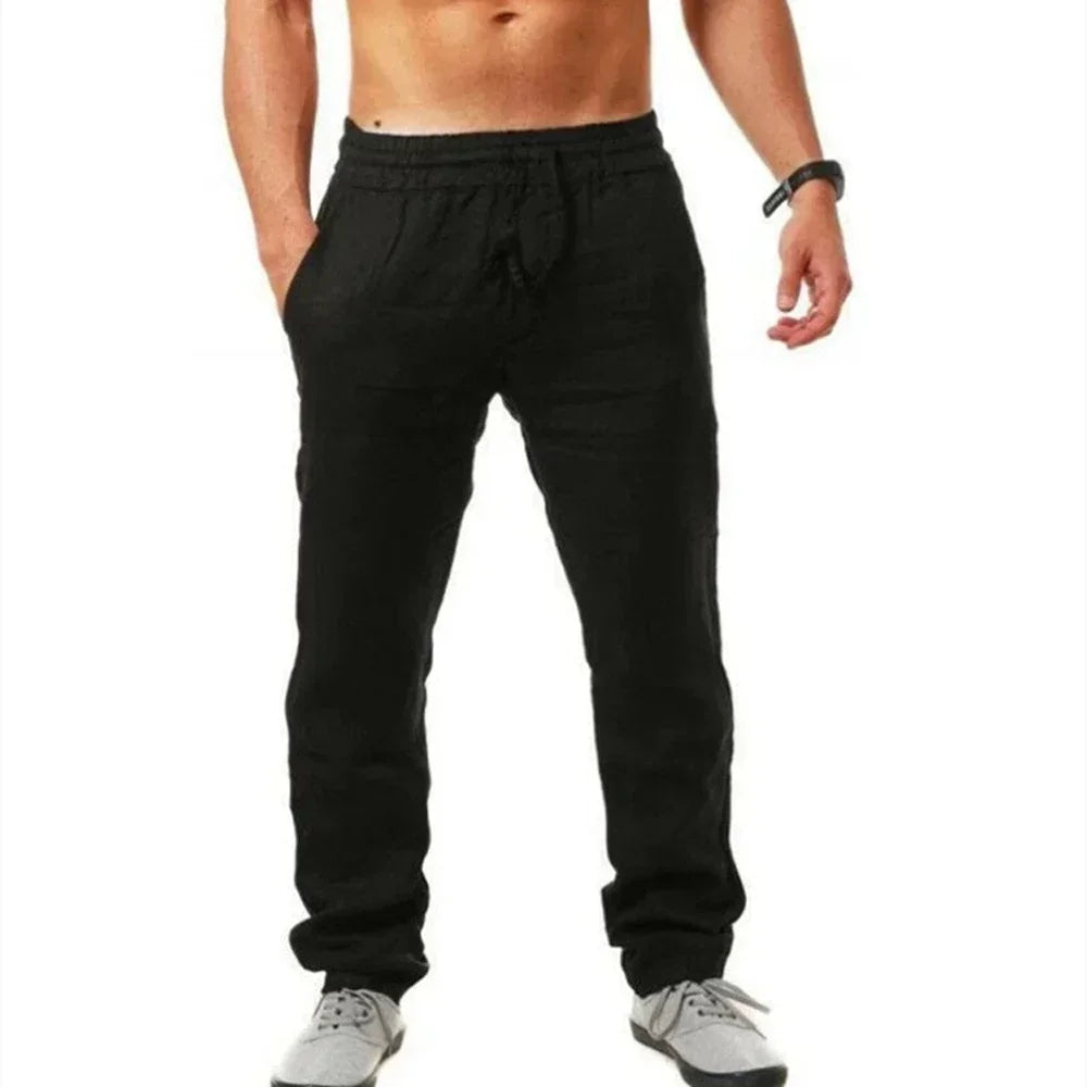 Men's Linen Pants Cotton Linen Long Pants Summer Casual Loose Drawstring