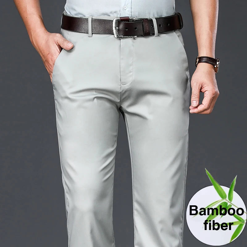 Men's Bamboo Fiber Thin Casual Pants Spring Summer New Straight Stretch Business Classic Trousers Male Brand Clothing