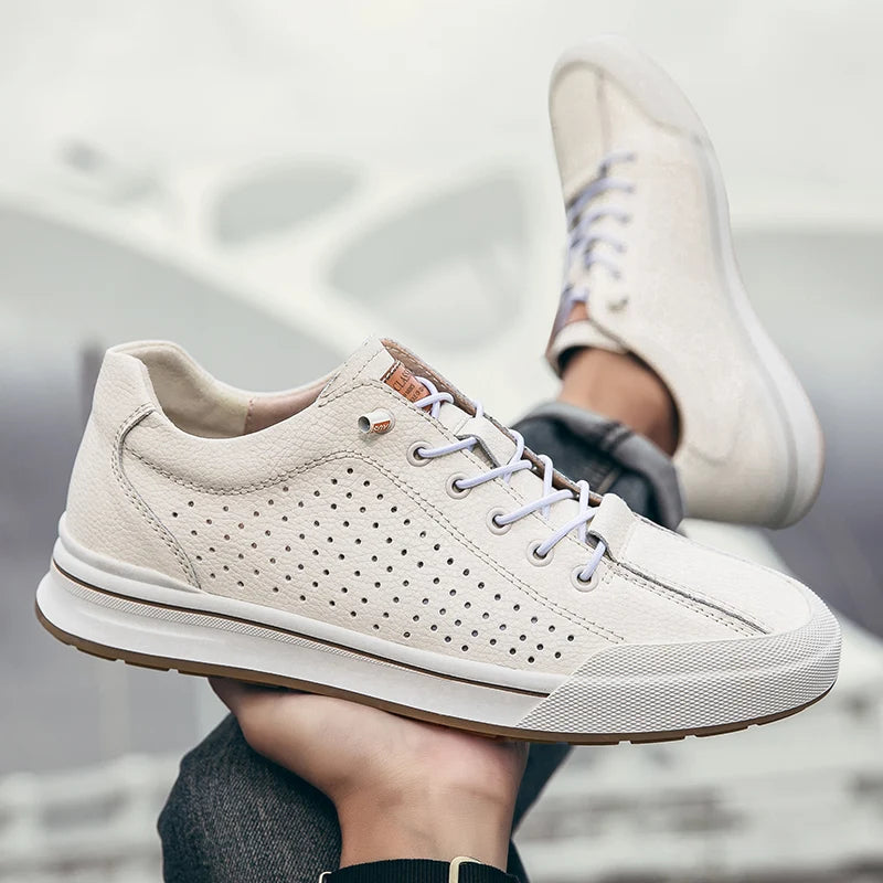 New Men's Leather Breathable Casual Shoe  Outdoor Perforated Laced Flat Shoe  Lightweight  Soft -Soled Comfortable Walking Shoes