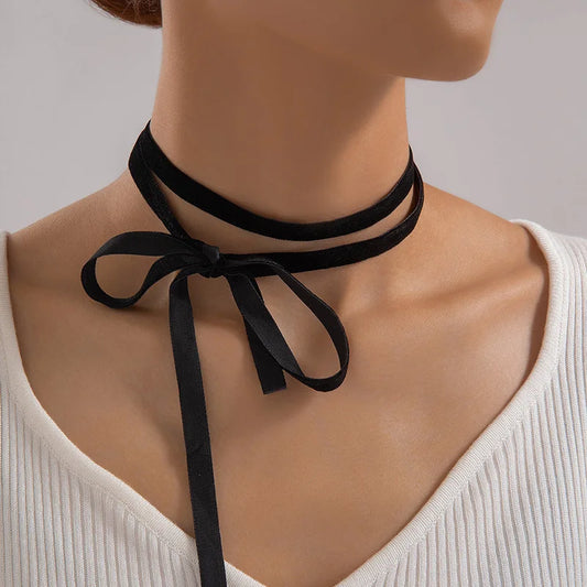 Simple Elegant Black Velvet Ribbon Bowknot Choker Necklace for Women