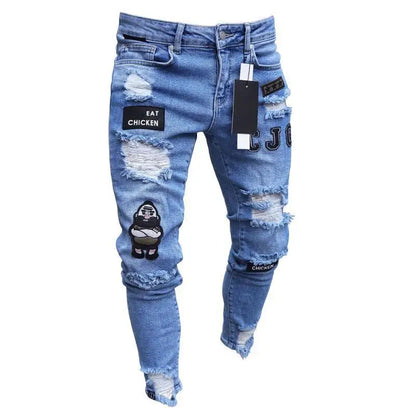 White Embroidery Skinny Ripped Jeans Men Cotton Pants