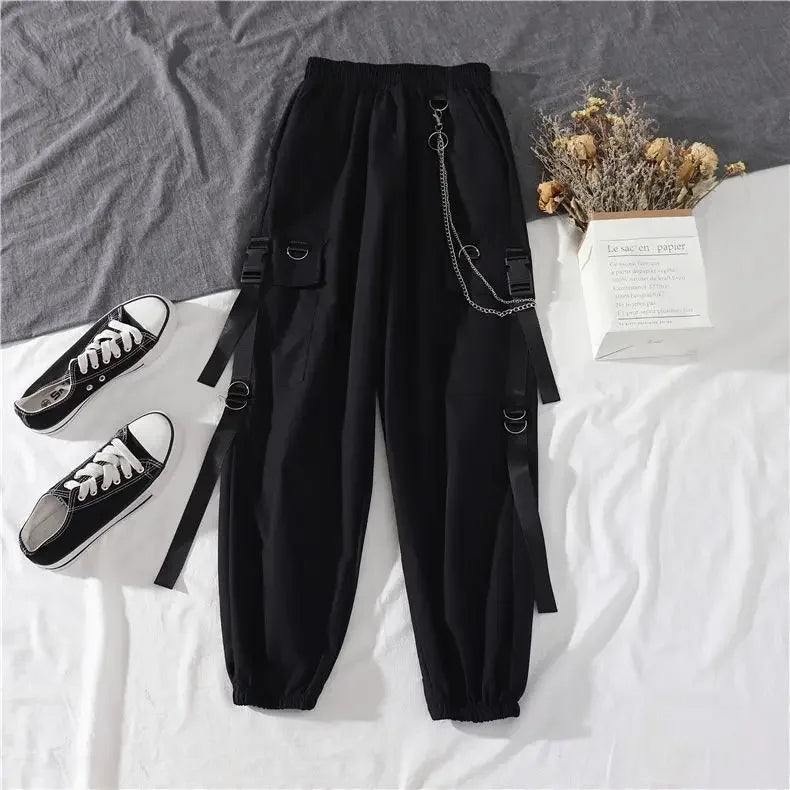 Cargo Pants with Chain 2 Piece Sets White Black Harajuku Shirt