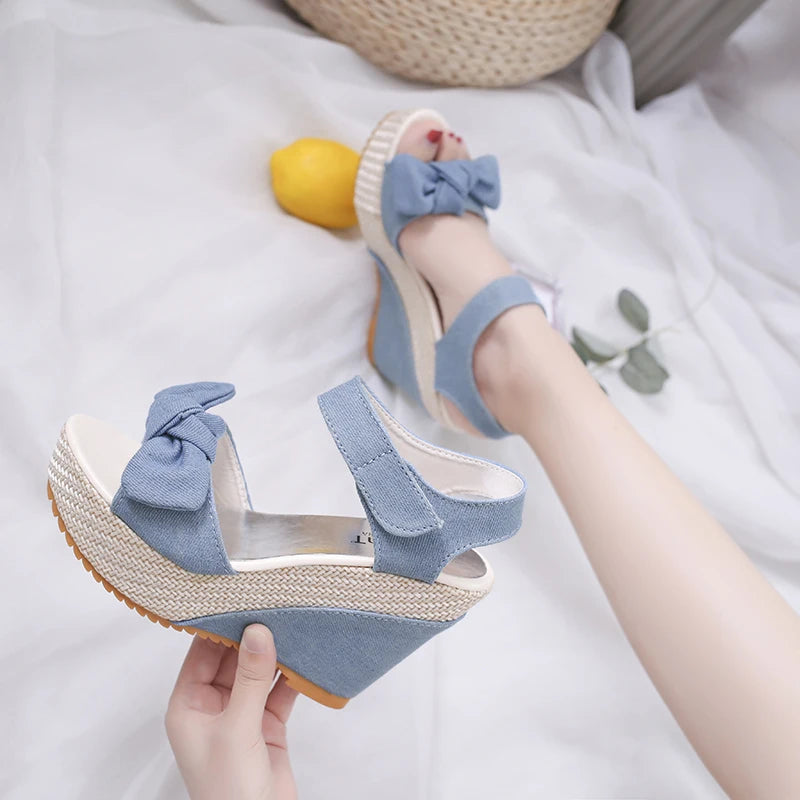 Brand New Ladies Platform Denim Sandals Fashion Bow Mixed Colors Wedges High Heels Women's Sandals Casual Party Woman Shoes