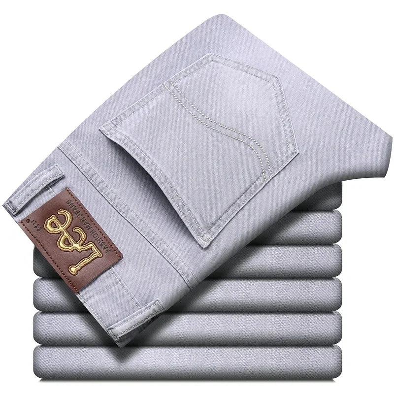 Lee Dex Cross-Border Trade Men's Straight-Leg Slim Fit Jeans Spring Summer Thin Light Grey Stretch Business Youth Casual Denim