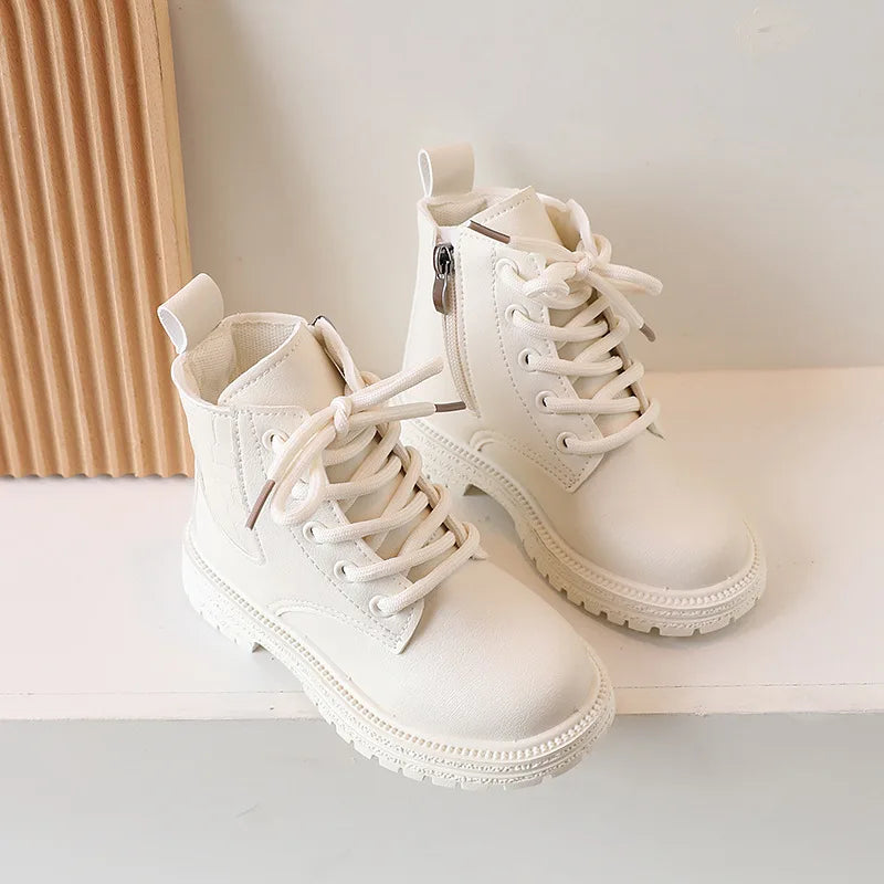 2024 Autumn New Children Ankle Boots for Girls White Fashion Leather Shoes Student Non Slip Short Boots Versatile Kids Shoes