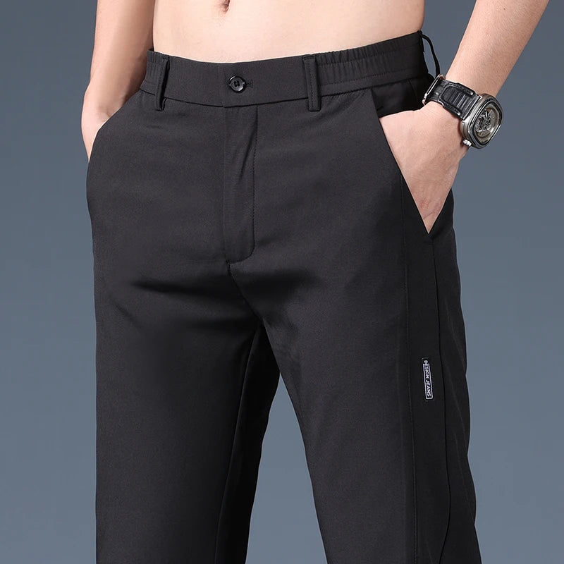 Summer Thin Ice Silk Stretch Men's Pants Business Casual Elastic Waist Smooth Trouser Suit Pants Male Brand Clothing