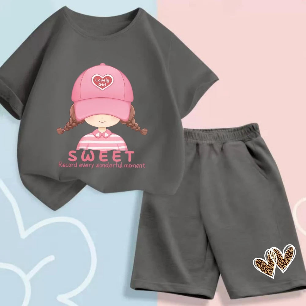 Girls Cartoon Printed Short Sleeve T-Shirts+Top