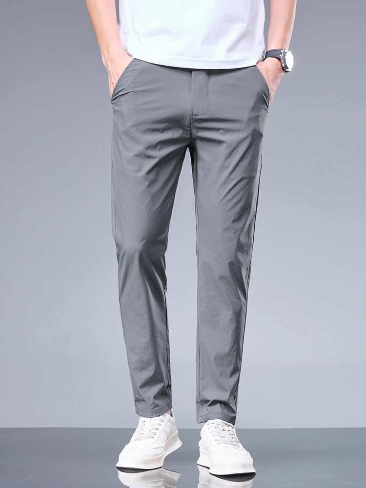 Business Ice Silk Pants Straight Elastic Waist Black Gray Trousers
