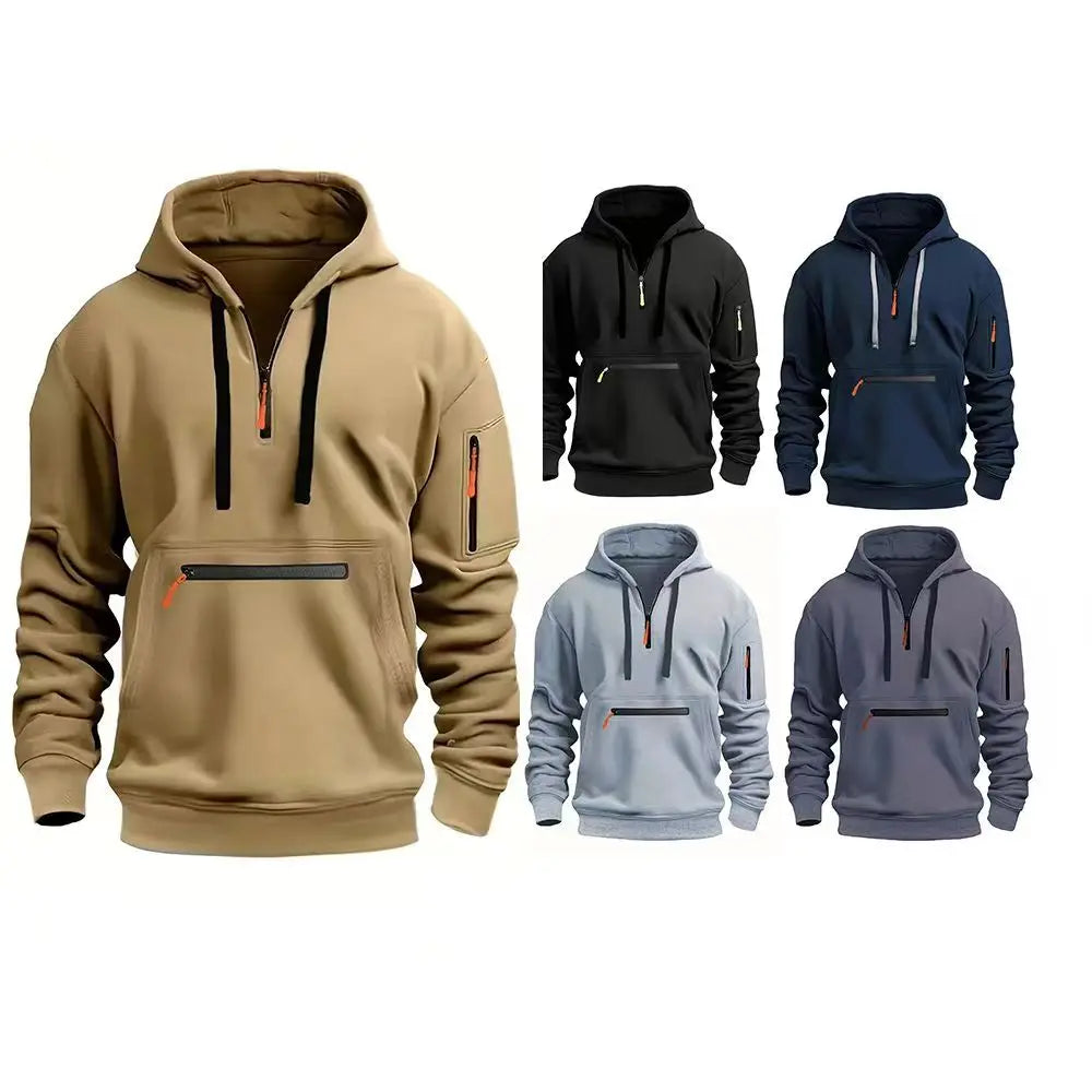 2025 Spring and Autumn New Men Hoodie Casual Sports Hoodie Retro Harajuku Long Sleeve Zipper Multi Pocket Loose Street Wear