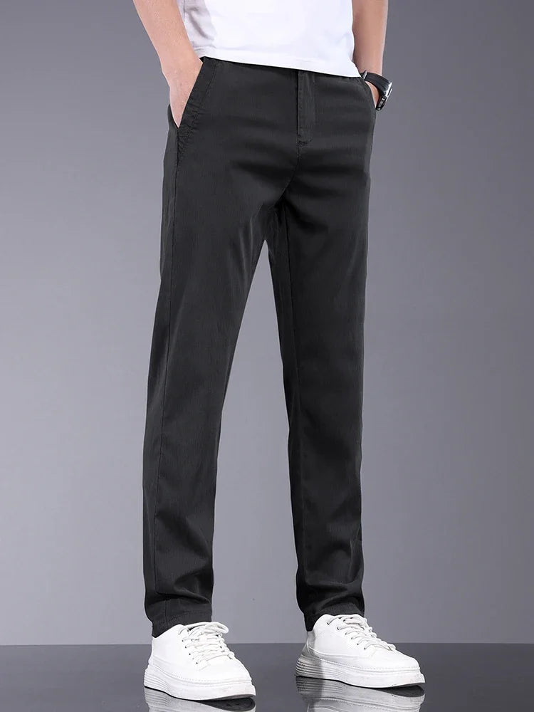 Lyocell Fabric Summer Thin Men's Casual Pants Slim Straight Elastic Waist Solid Color Business Work Trousers Brand Clothes