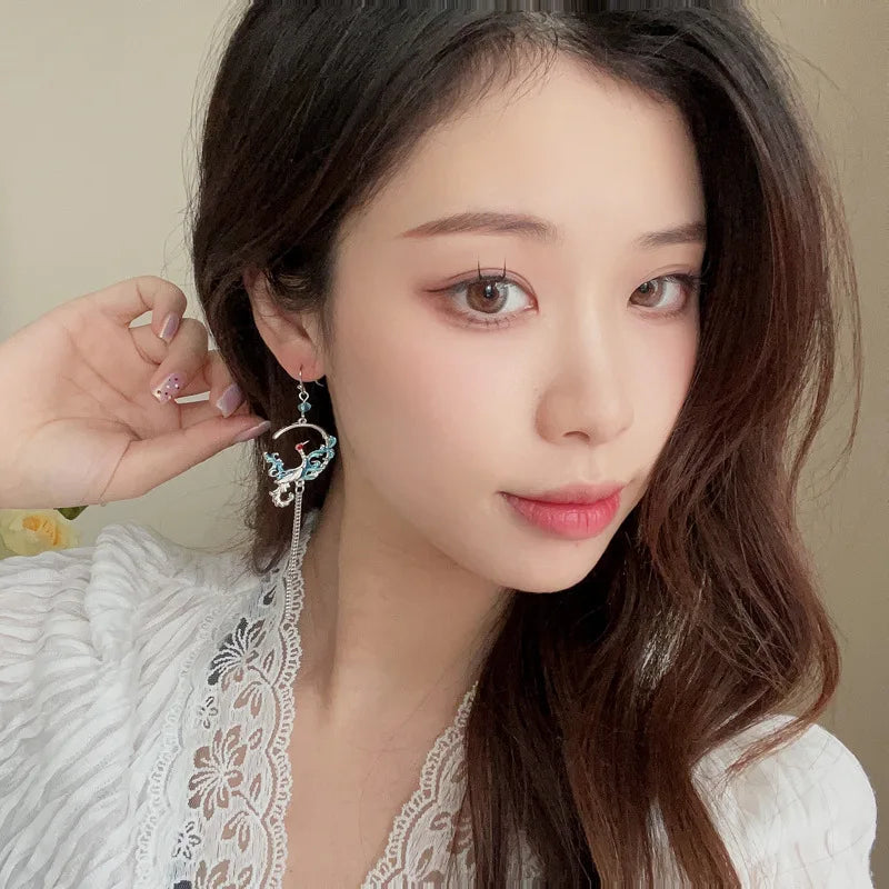 Folding Fan Crane Dangle Earrings For Women