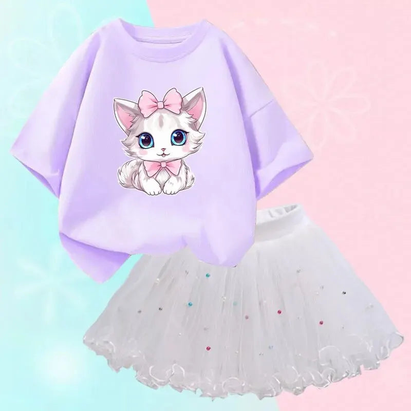 Girls Outfits Cartoon Cat T-shirt