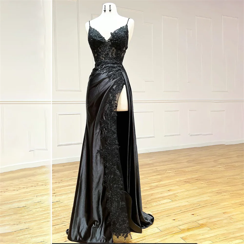 Lily Spaghetti Strap Black Prom Dress