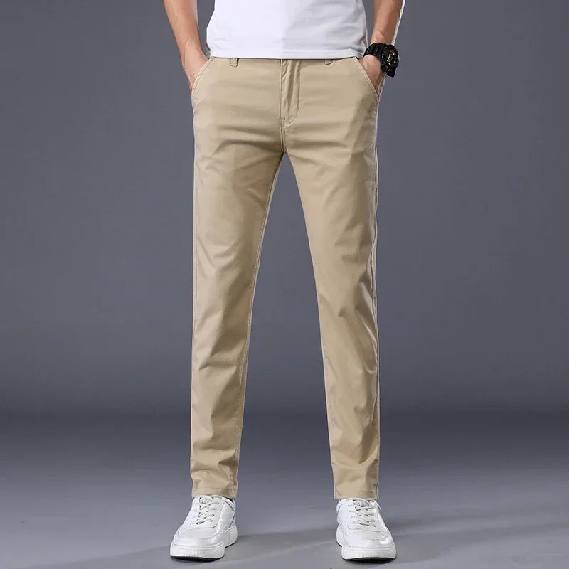 Summer Thin Men's Casual Pants Cotton 7 Colors Classic Style Elastic Straight Slim Fit Business Fashion Long Trousers Male