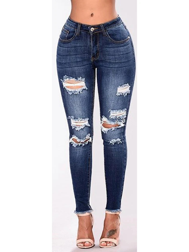 2024 Women Stretch Skinny Ripped Jeans Lady High Waist Pencil Long Pants Narrow Straight Leg Wrap Hips Plus Size S-3XL Trousers