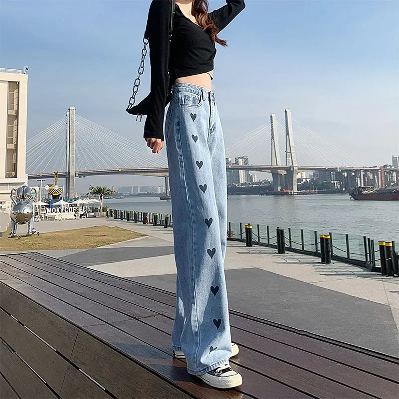2024 New Style High-waisted Slimming Wide-leg Jeans Women's Straight-leg Loose-fit Heart Embroidery Draped Trailer Pants