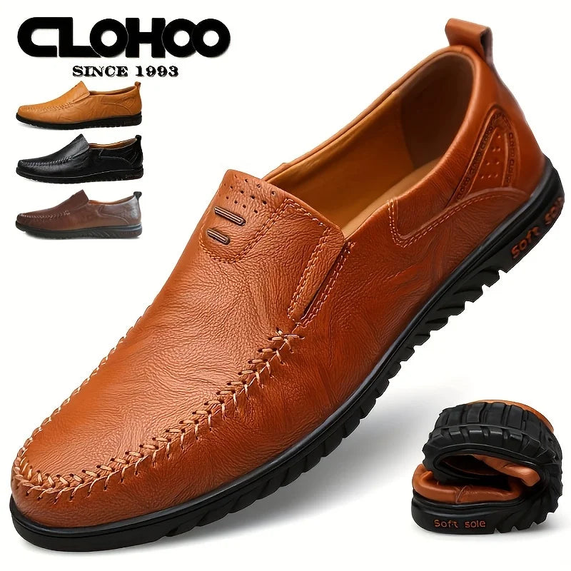 CLOHOO Men's Loafers Genuine Leather Flat Breathable Casual Shoes Handmade Slip on Driving Shoes Fashion Business Shoes