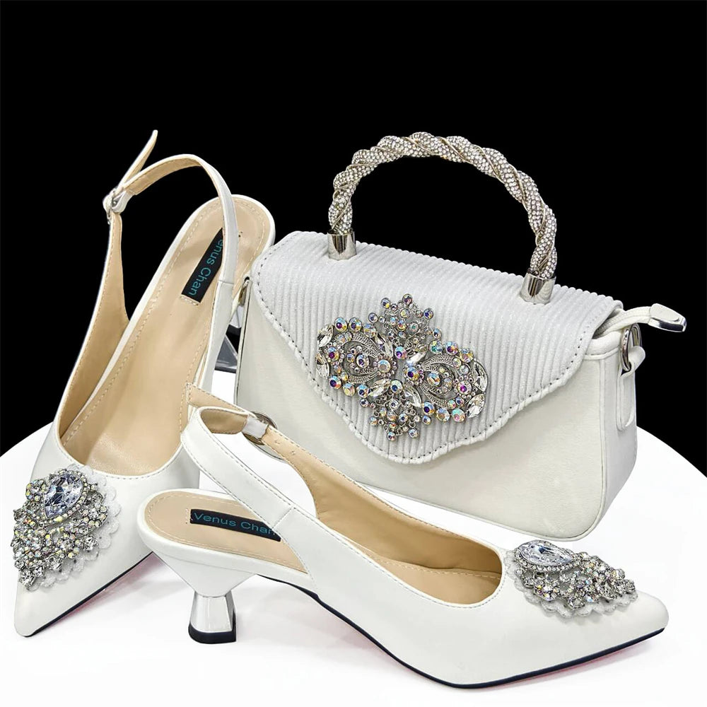 Women's Pink High Heel Frosted Crystal Shiny Rhinestone Party Pointed Shoes And Bag