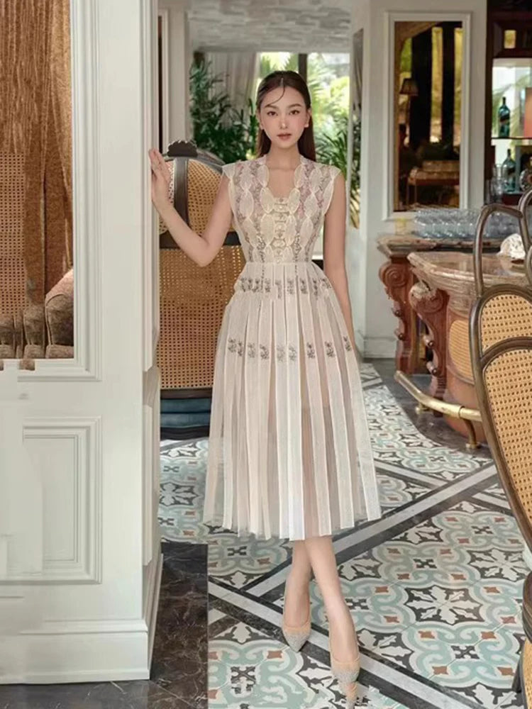 Retro Flower Embroidered Flares Dresses Spring Women V-Neck Sleeveless Long Dress Summer High Waist Big Swing Knee Length Dress