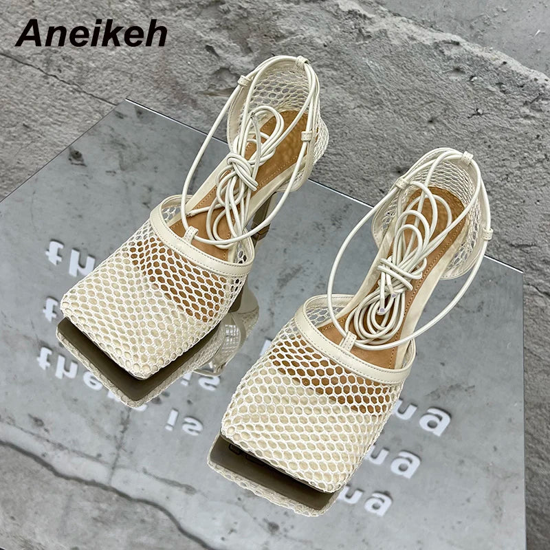 Aneikeh 2025 Summer Sexy Mesh Pumps Sandals Female Square Toe High Heel Lace Up Cross-Tied Stiletto Hollow Dress Party Shoes