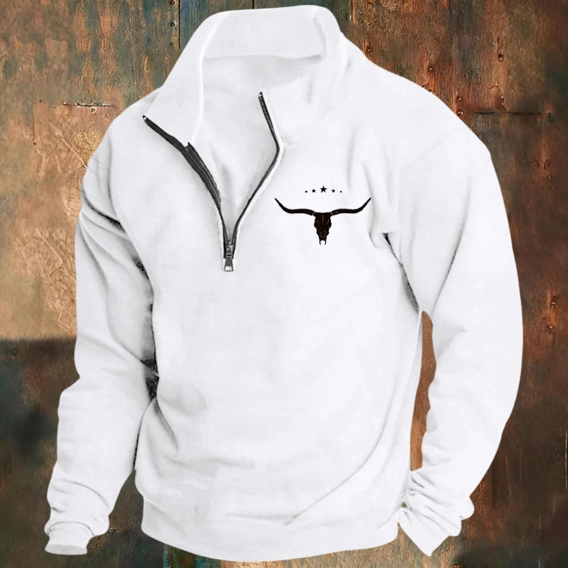 Men's Long-Sleeved Sweatshirt Autumn Winter Fleece European American Style Half-Zipper Stand-Up Collar Solid Color Bull Head Pri