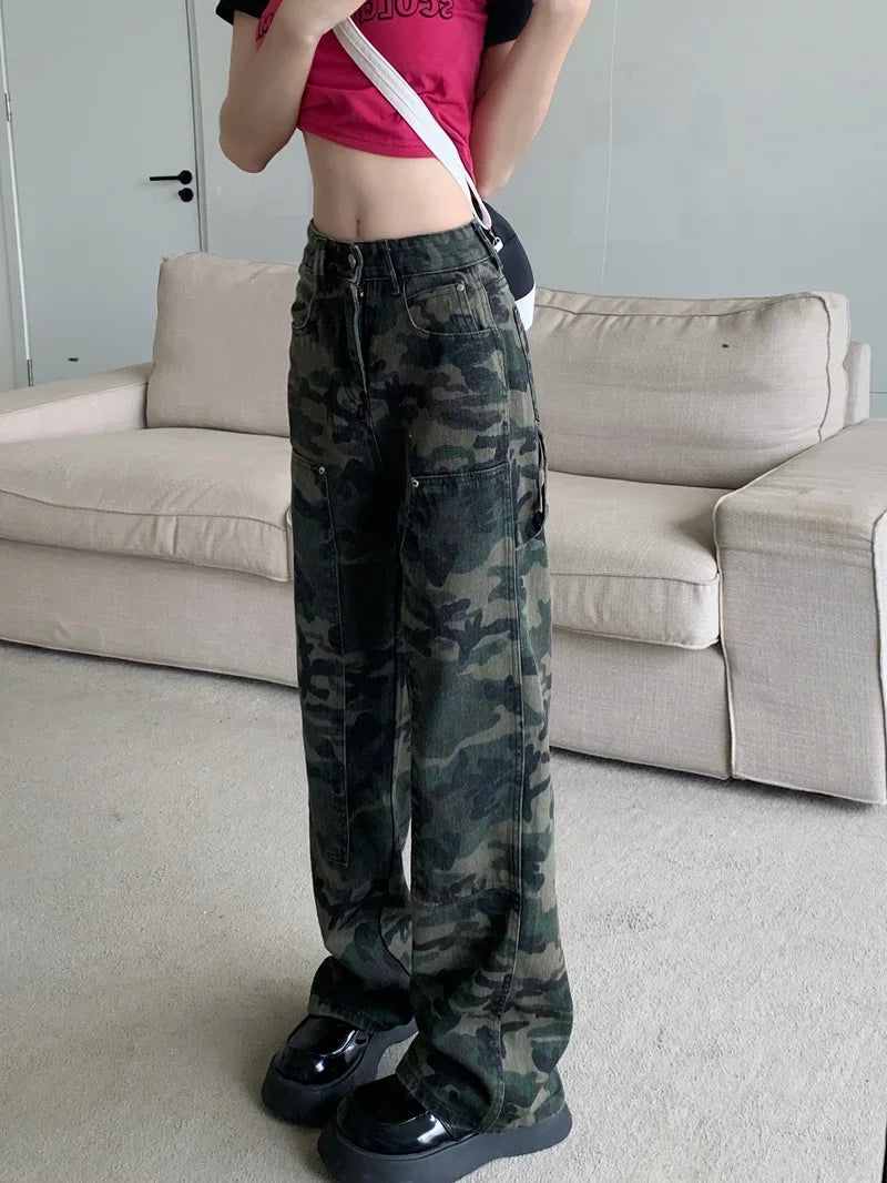 Autumn Spring Vintage Camouflage Jeans Women Denim Pants High Waist Straight Trousers Fashion Female Casual Wide Leg Pants