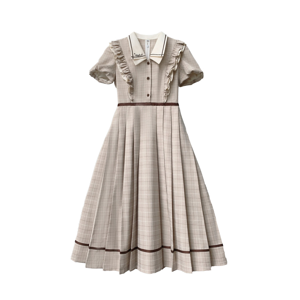 British Retro Elegant Princess Dress Summer Polo Collar Puff Sleeve Slim Pleated Dress for Women Pastoral Girl A-line Dresses